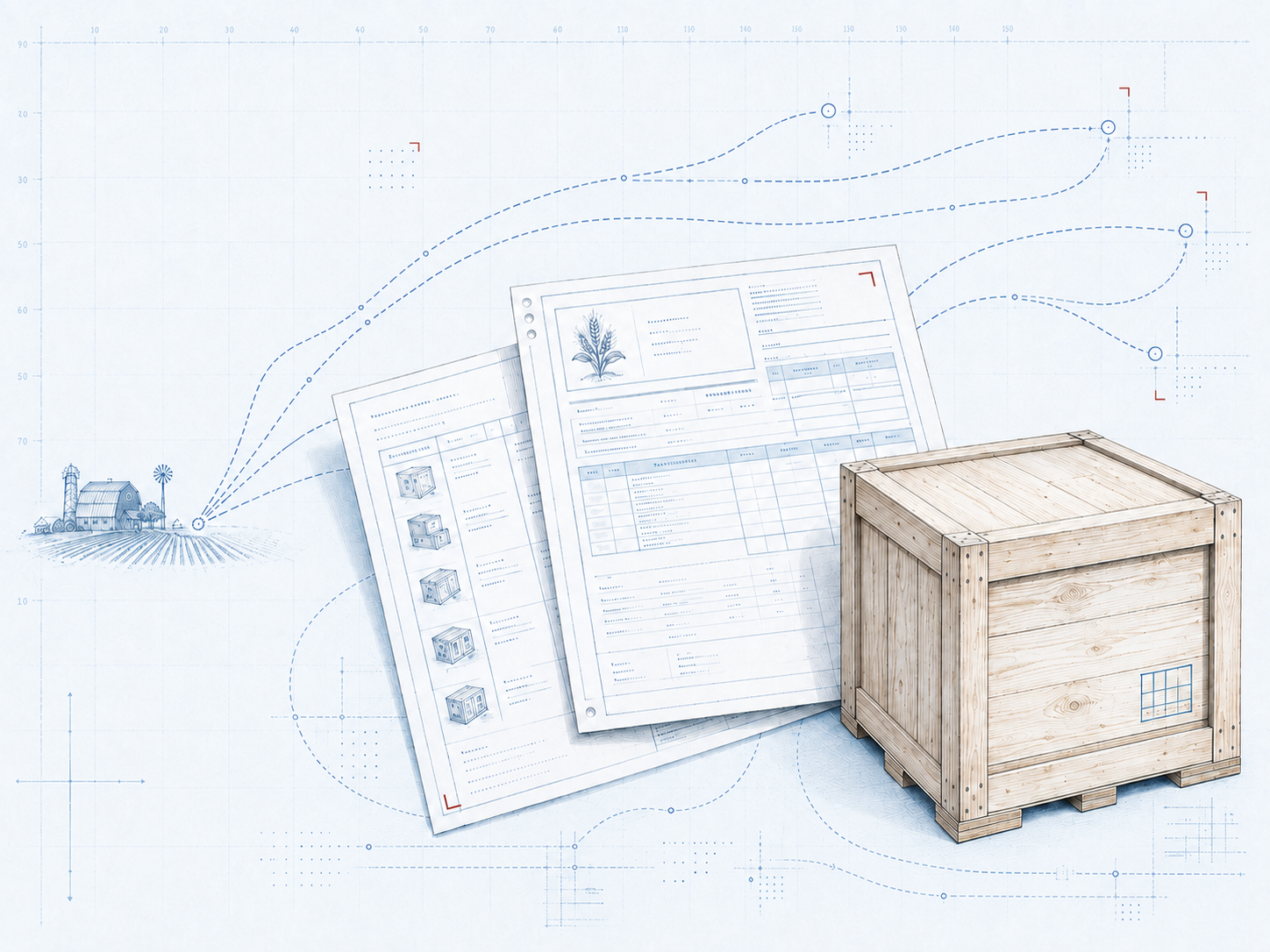 Editorial illustration of product documents, trade routes, and a shipping crate